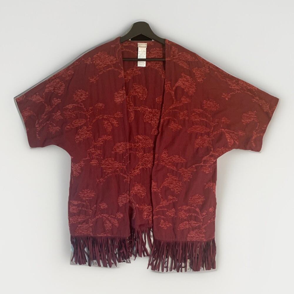 Chico's Chenille Floral Jacquard Wrap Kimono Jacket Women's size S/M M Fringe